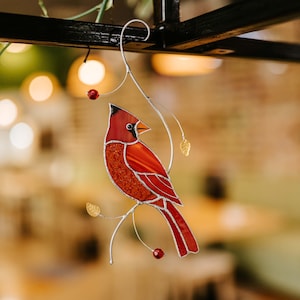 Red Cardinal stained glass window hangings Christmas bird lover gift Bird stained glass suncatcher Memorial gift Gift for Christmas image 6