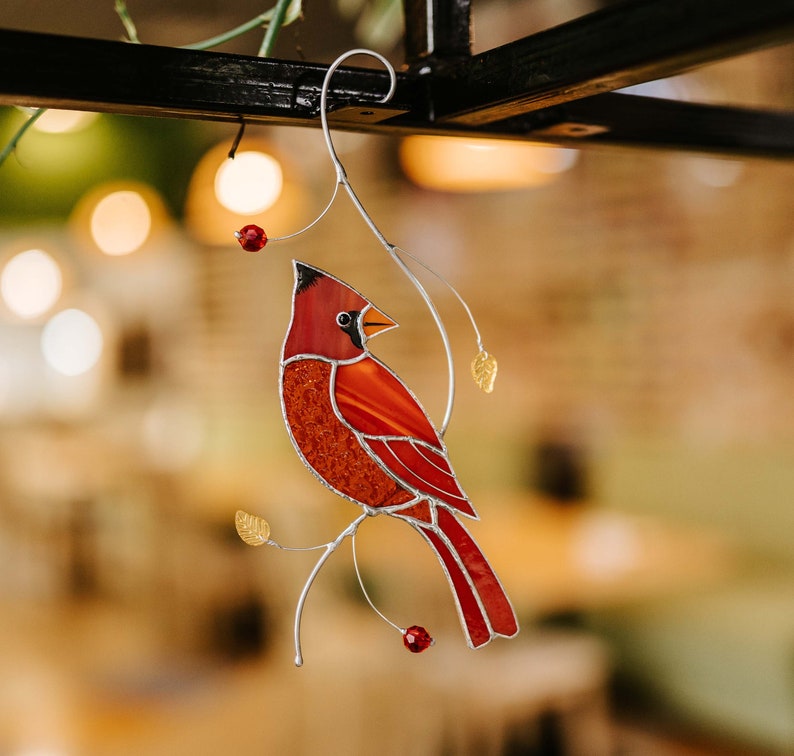 Red Cardinal stained glass window hangings Christmas bird lover gift Bird stained glass suncatcher Memorial gift Gift for Christmas image 6