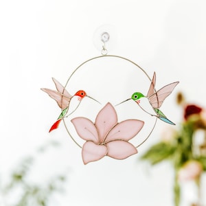 Suncatcher hummingbird window hangings Bird art modern decor Gift for women pink flower