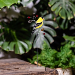 Goldfinch stained glass suncatcher on a stone stand Table decor Modern art Gift for for mother Christmas gift image 9