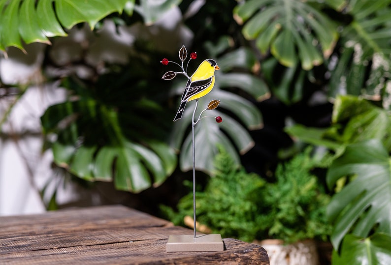 Goldfinch stained glass suncatcher on a stone stand Table decor Modern art Gift for for mother Christmas gift image 9