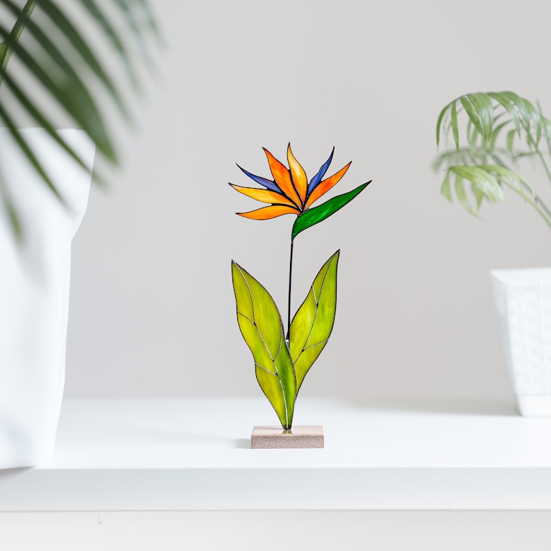 Stained Glass Bird of Paradise Flower Table Decor Handmade Garden Stake ...