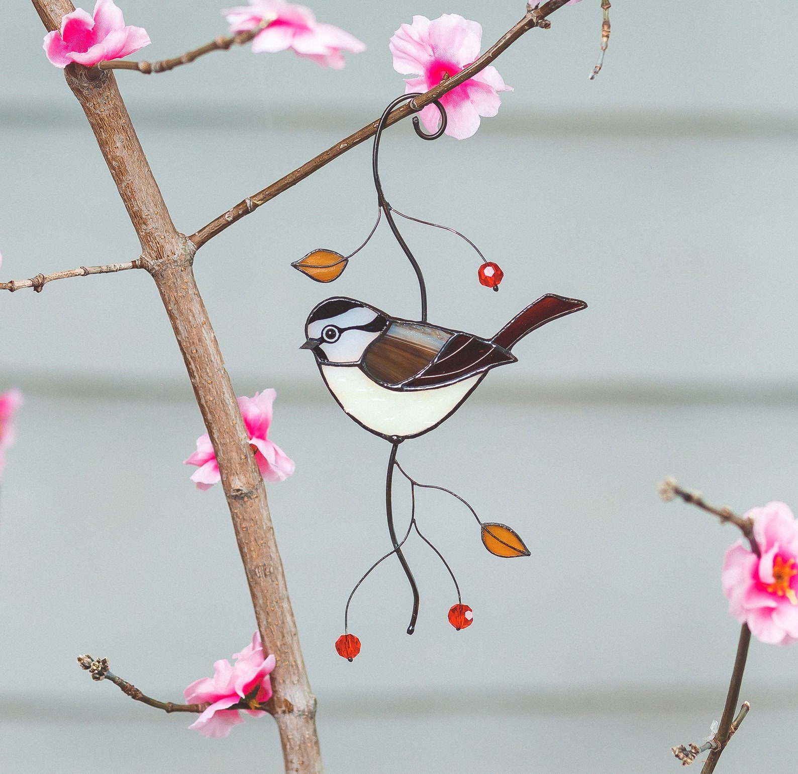Chickadee Stained Glass Birds on Branch Suncatcher Anniversary Etsy