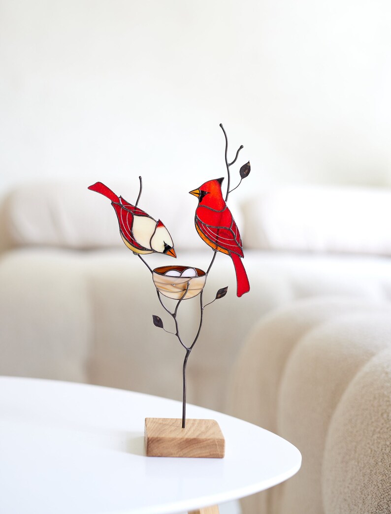 Stained glass red cardinal couple Table decor for living room Stained glass cardinal suncatcher family gift Custom stained glass modern image 10