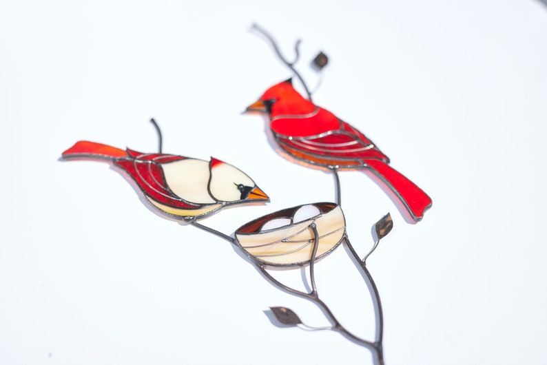 Stained glass red cardinal couple Table decor for living room Stained glass cardinal suncatcher family gift Custom stained glass modern image 4