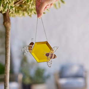 Stained Glass Window Hanging Honeybee Honeycomb Flowe Deco