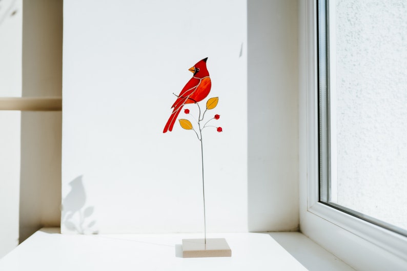 Red cardinal suncatcher Window decor Stained glass home decor Father's Day gift idea Home decor indoor image 4