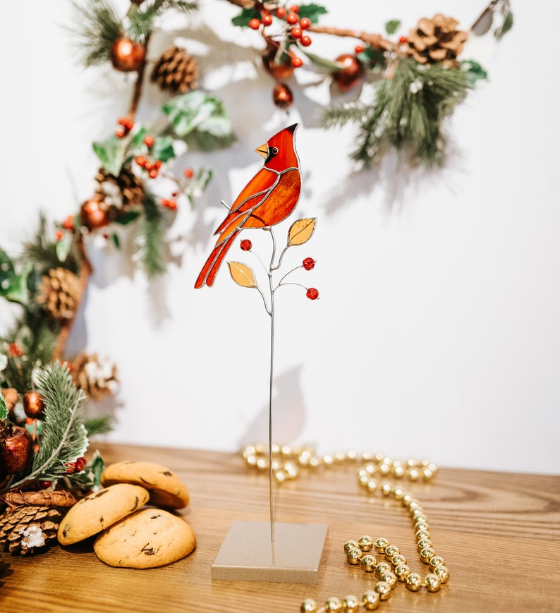 Red cardinal suncatcher Window decor Stained glass home decor Father's Day gift idea Home decor indoor image 9