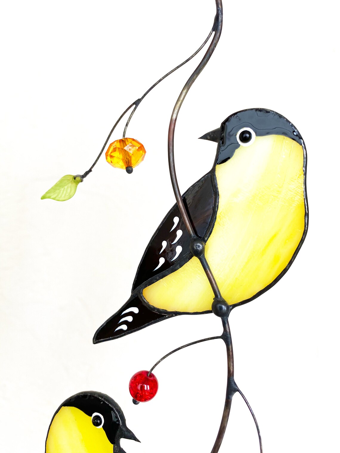 Two Chickadees stained glass birds on branch suncatcher Etsy