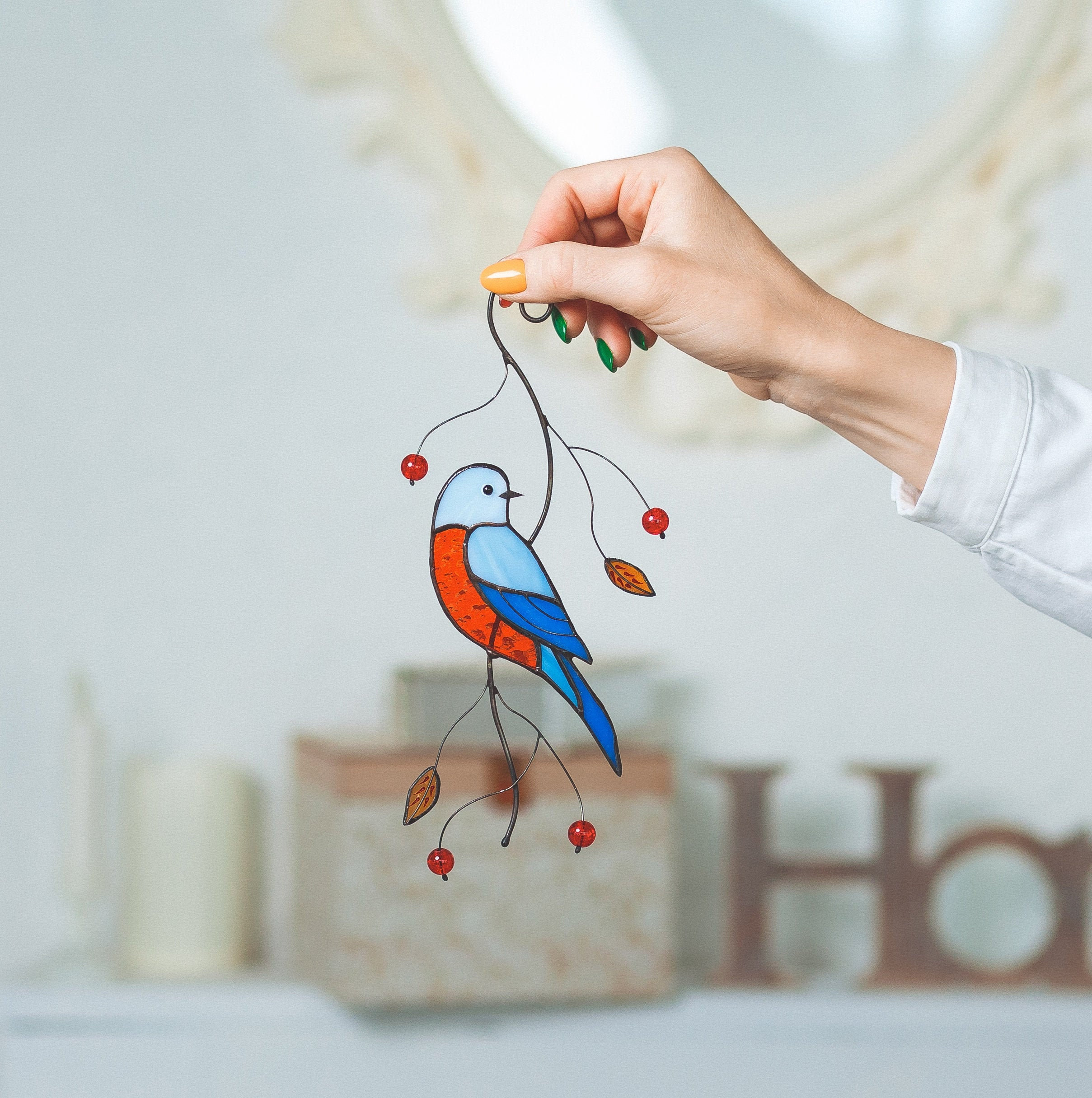 Vitrail chaîne de 5 oiseaux Sun Catcher Hanging Décoration de fenêtre Love Bird Vitrail chaîne de 5 oiseaux Sun Catcher Hanging Décoration de fenêtre Love Bird