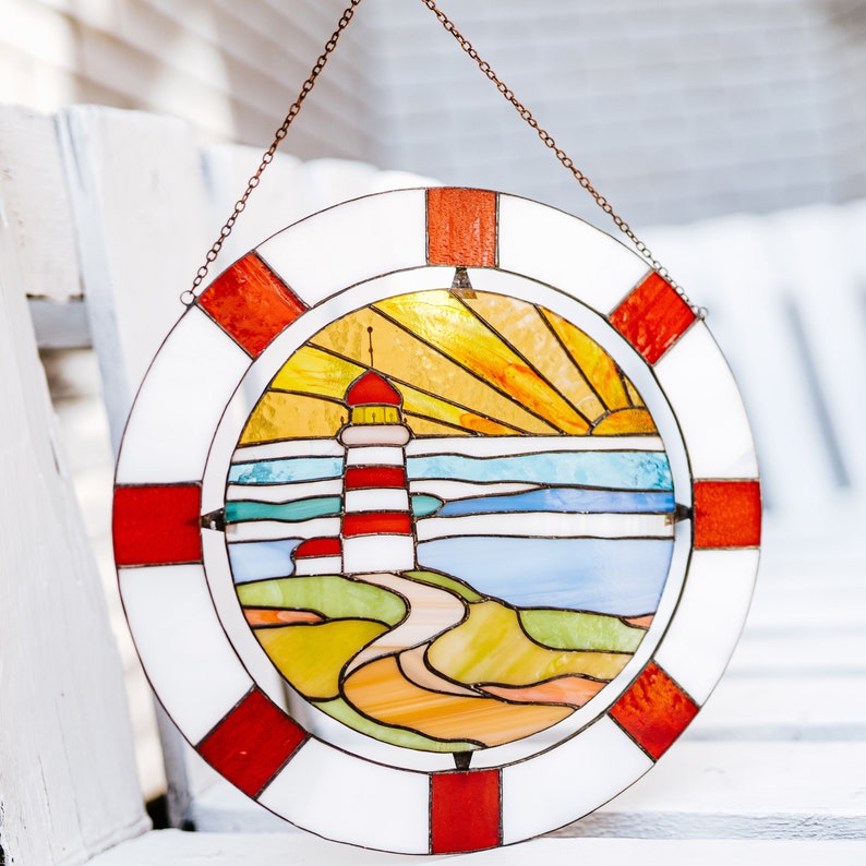 Lighthouse Stained Glass Panel Window Hangings Suncatcher Etsy