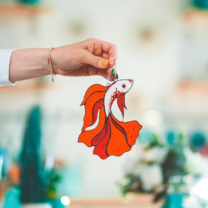 Stained Glass Betta Fish Suncatcher: Siamese Fighting Fish Window Hanging Mother's Day Gift Red Fish # 1