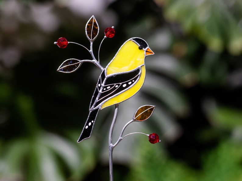 Goldfinch stained glass suncatcher on a stone stand Table decor Modern art Gift for for mother Christmas gift image 7