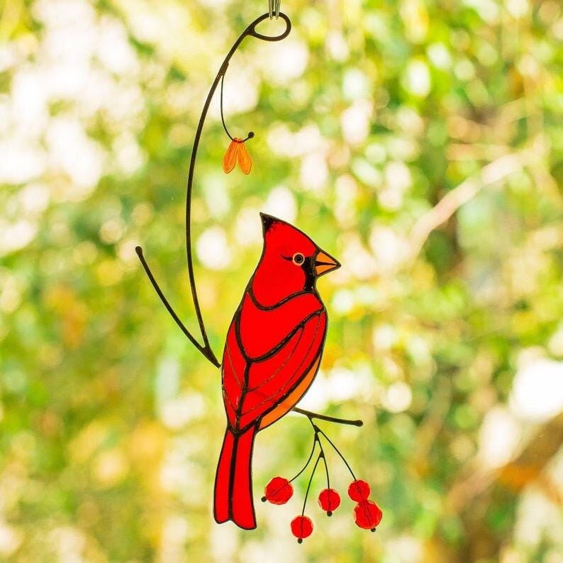 Acchiappasole In Vetro Colorato Con Cardinali | Da Appendere Alla Finestra | Regalo Per Mamma | Decorazione Colorata Per Casa
