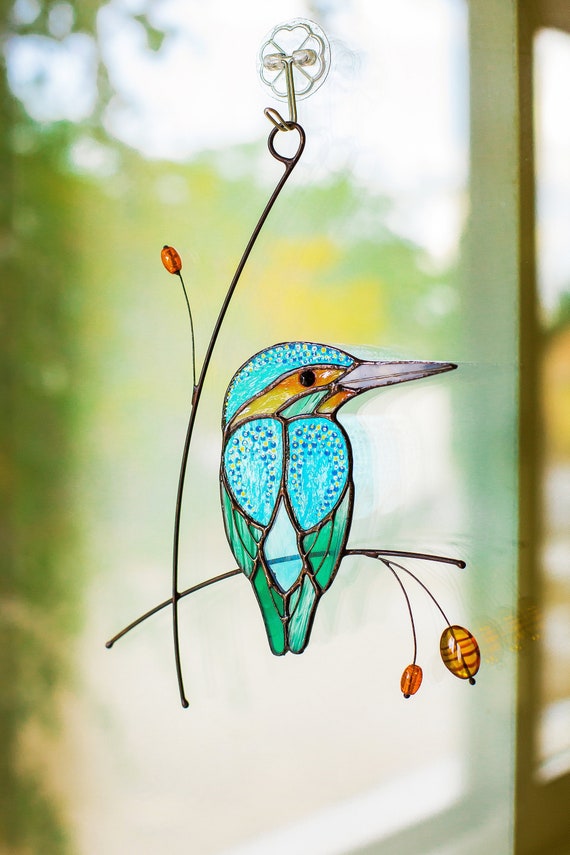 Stained glass suncatcher Pretty bird Window hanging bird Glass decor g –