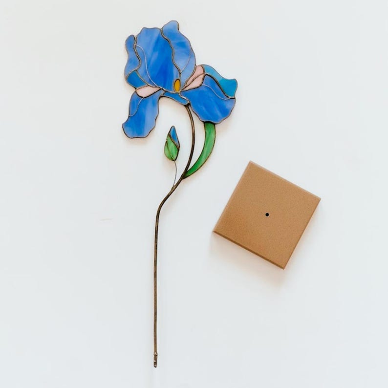 Blue Iris Stained Glass Flower Table Decor, Handmade Floral Suncatcher Mother’s Day Gift Stone Stand