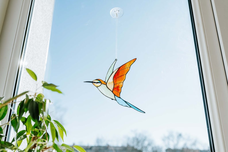 Suncatcher vogel glas-in-lood Bijeneter glazen vogel Verzamelbaar kunstdecor Cadeau voor Kerstmis afbeelding 2