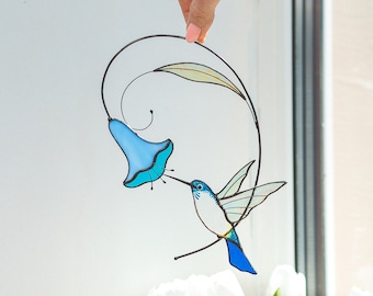 Hummingbird stained glass window hangings gift for mom Custom stained glass bird suncatcher Modern decor