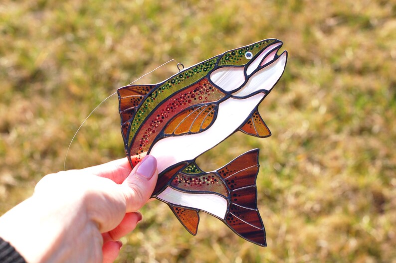 Trout fish suncatcher stained glass window hanging fisherman Etsy