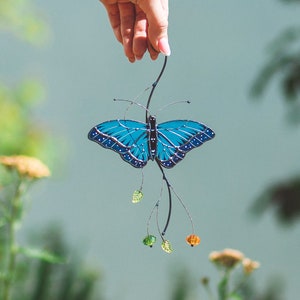 Blue Butterfly Stained glass suncatcher window hanging Gift for Christmas