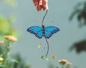 Blue Butterfly Stained glass suncatcher window hanging Gift for Christmas