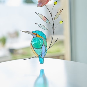 Gebrandschilderd glas Kingfisher glas-in-lood suncatcher voor ramen vogel decor glas-in-lood raam hangende aangepaste glas-in-lood kerstcadeau afbeelding 3