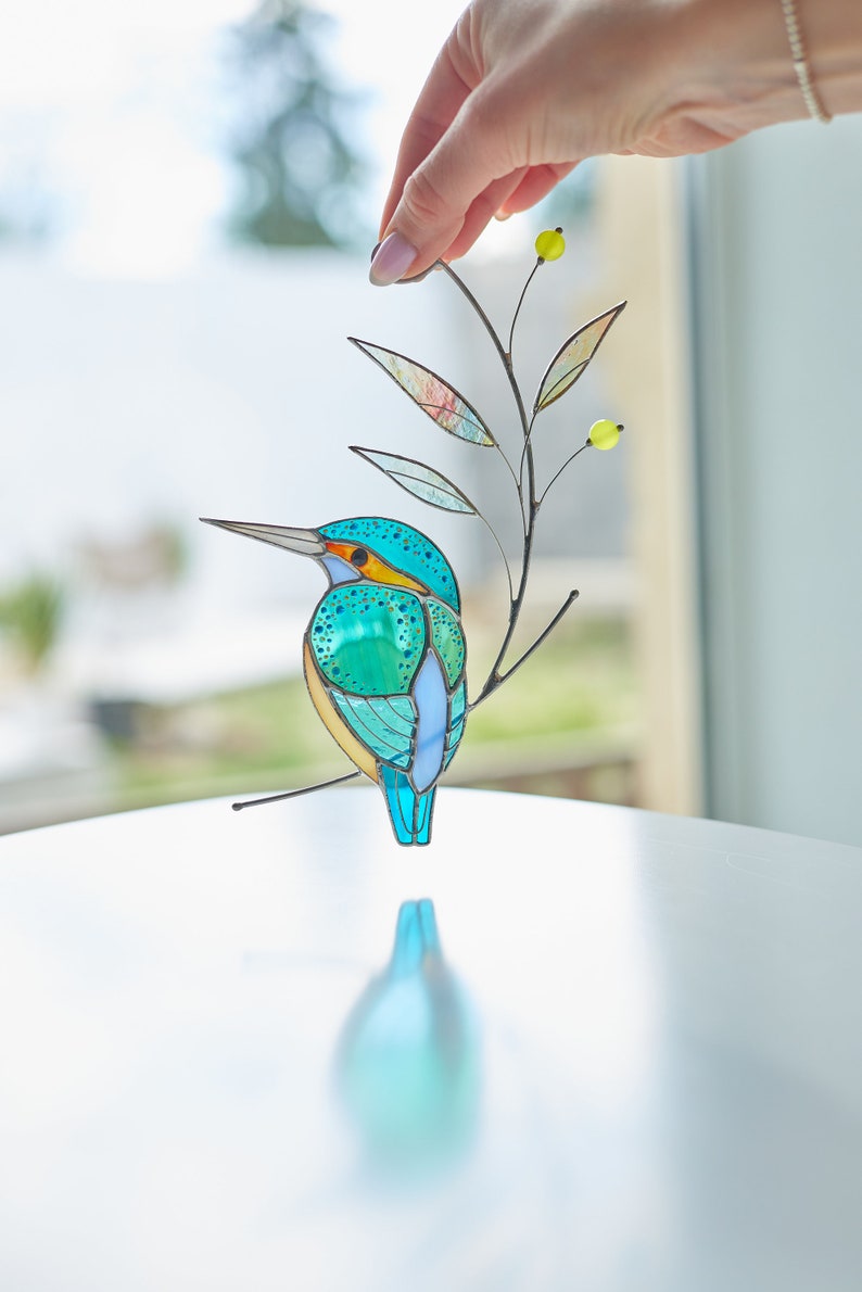 Gebrandschilderd glas Kingfisher glas-in-lood suncatcher voor ramen vogel decor glas-in-lood raam hangende aangepaste glas-in-lood kerstcadeau afbeelding 3