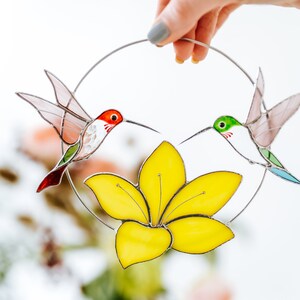 Suncatcher hummingbird window hangings Bird art modern decor Gift for women yellow flower