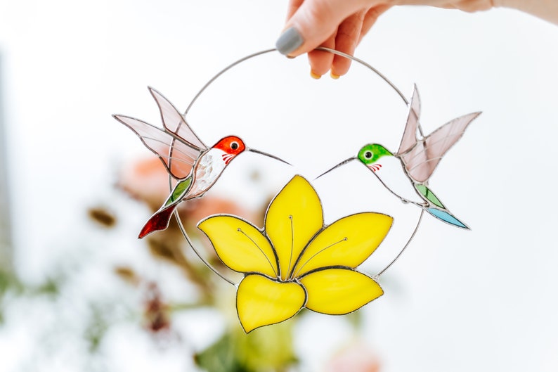 Suncatcher hummingbird window hangings Bird art modern decor Gift for women yellow flower