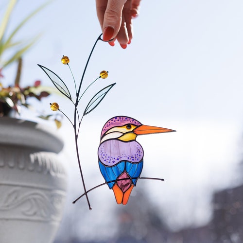 Stained Glass Kingfisher Bird Suncatcher: Modern Window Hanging, Unique Bird Decor Mothers Day Gift