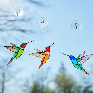 K&ouml;nnte beinhalten: Drei farbenfrohe Kolibri-Fensterbilder, die an Saugn&auml;pfen h&auml;ngen. Die Kolibris weisen leuchtende Farben auf: Gr&uuml;n, Rot, Orange, Blau und Lila. Jeder Vogel hat einen langen, schlanken Schnabel und ausgebreitete Fl&uuml;gel, was eine dekorative Fensterdekoration ergibt.