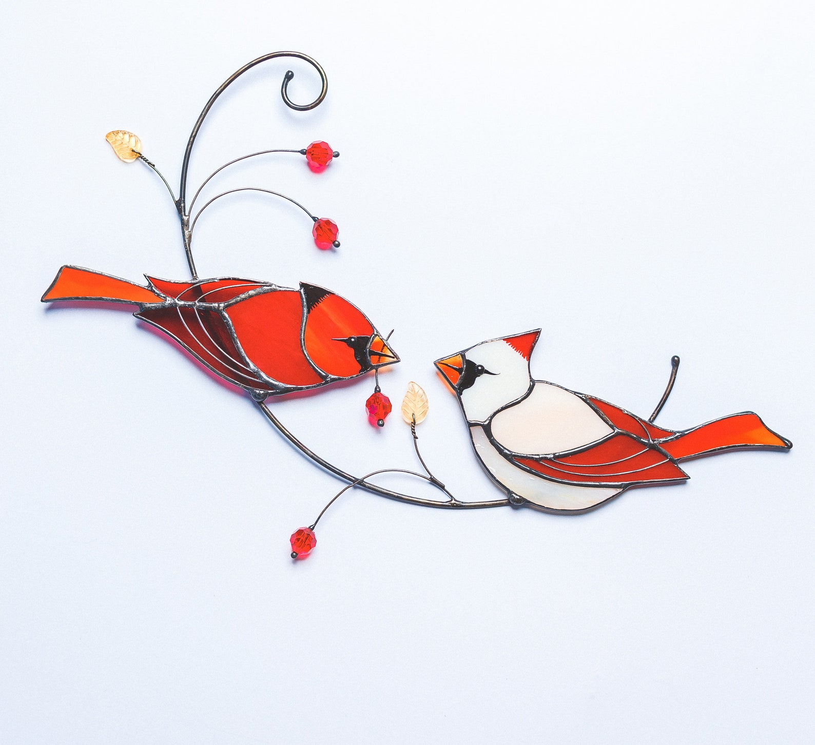 Suncatcher Pair of Red Cardinals Stained Glass Window Hanging Etsy