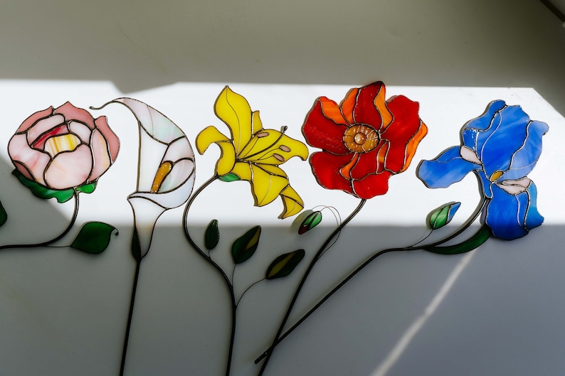 Blue Iris Stained Glass Flower Table Decor, Handmade Floral Suncatcher Mother’s Day Gift image 8