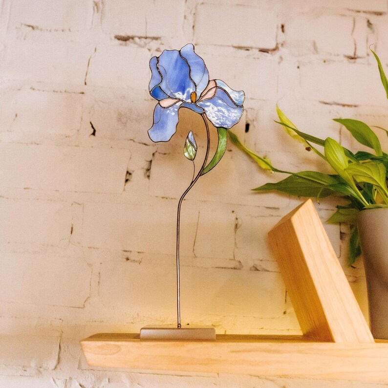 Blue Iris Stained Glass Flower Table Decor, Handmade Floral Suncatcher Mother’s Day Gift image 3