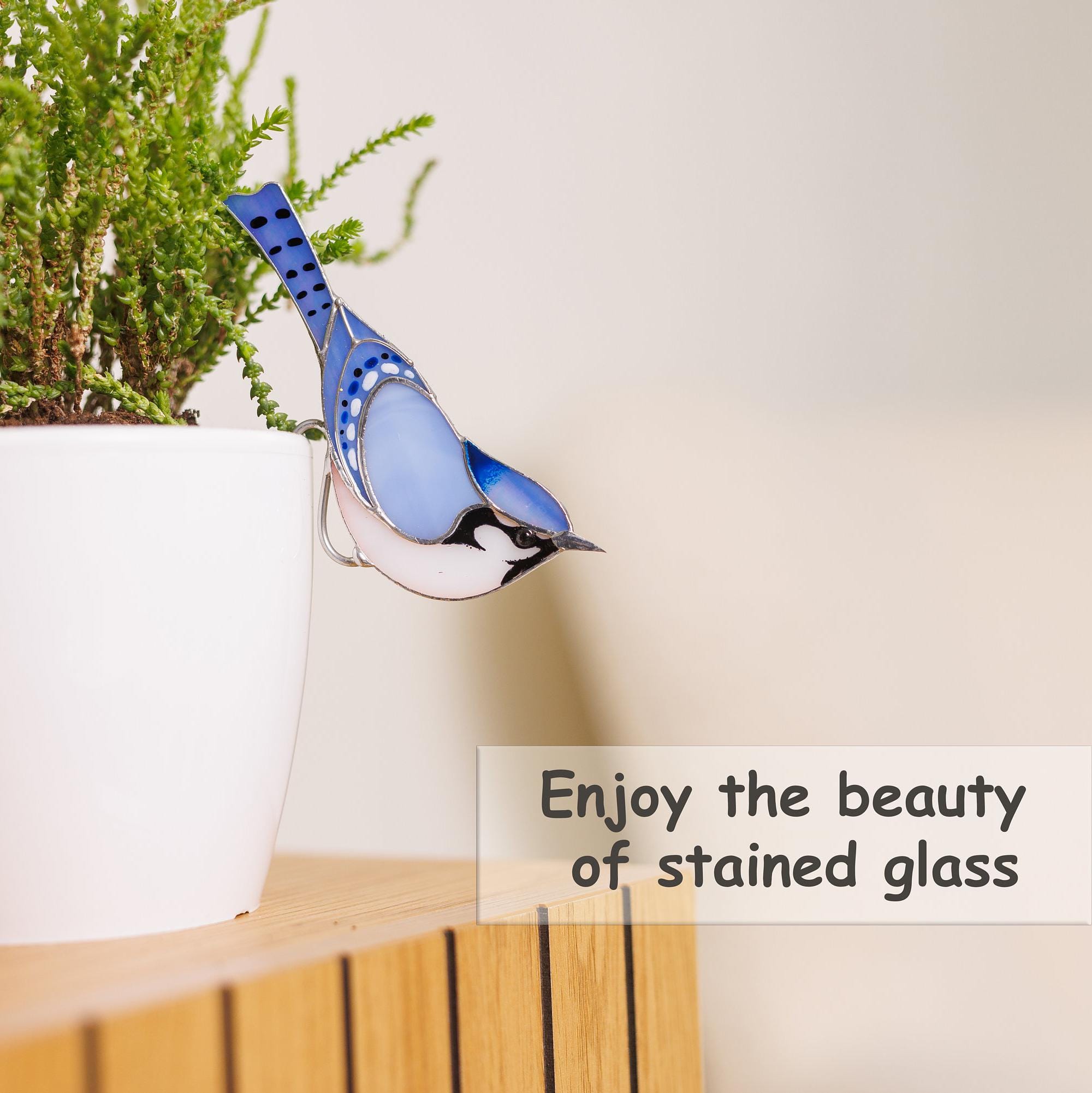 Stained glass Blue Jay Bird Suncatcher Stained glass planter decor 50th birthday gift for women Unique handmade gift Home Plant Dicoretion