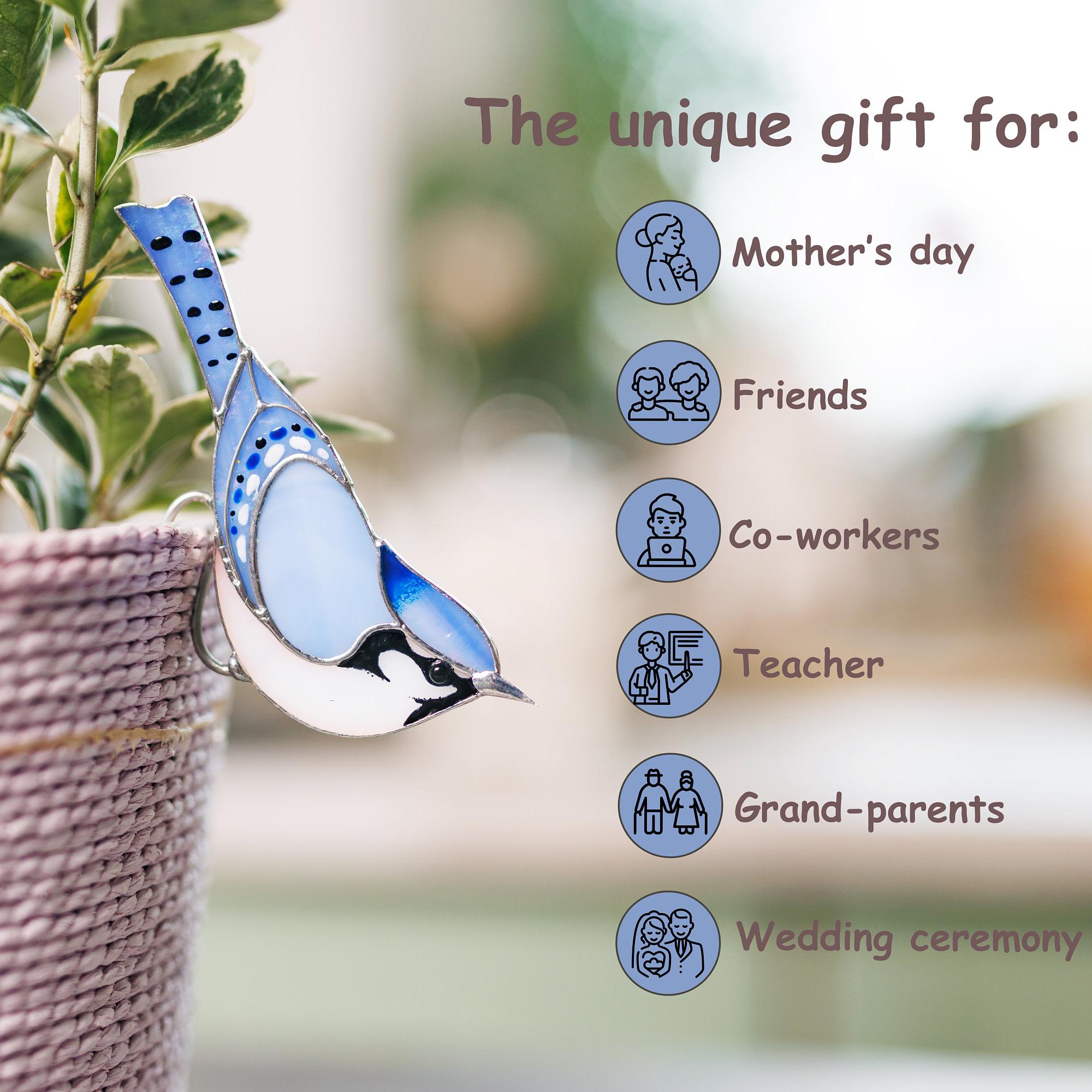 Stained glass Blue Jay Bird Suncatcher Stained glass planter decor 50th birthday gift for women Unique handmade gift Home Plant Dicoretion