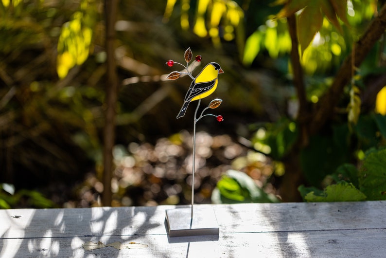 Goldfinch stained glass suncatcher on a stone stand Table decor Modern art Gift for for mother Christmas gift image 10