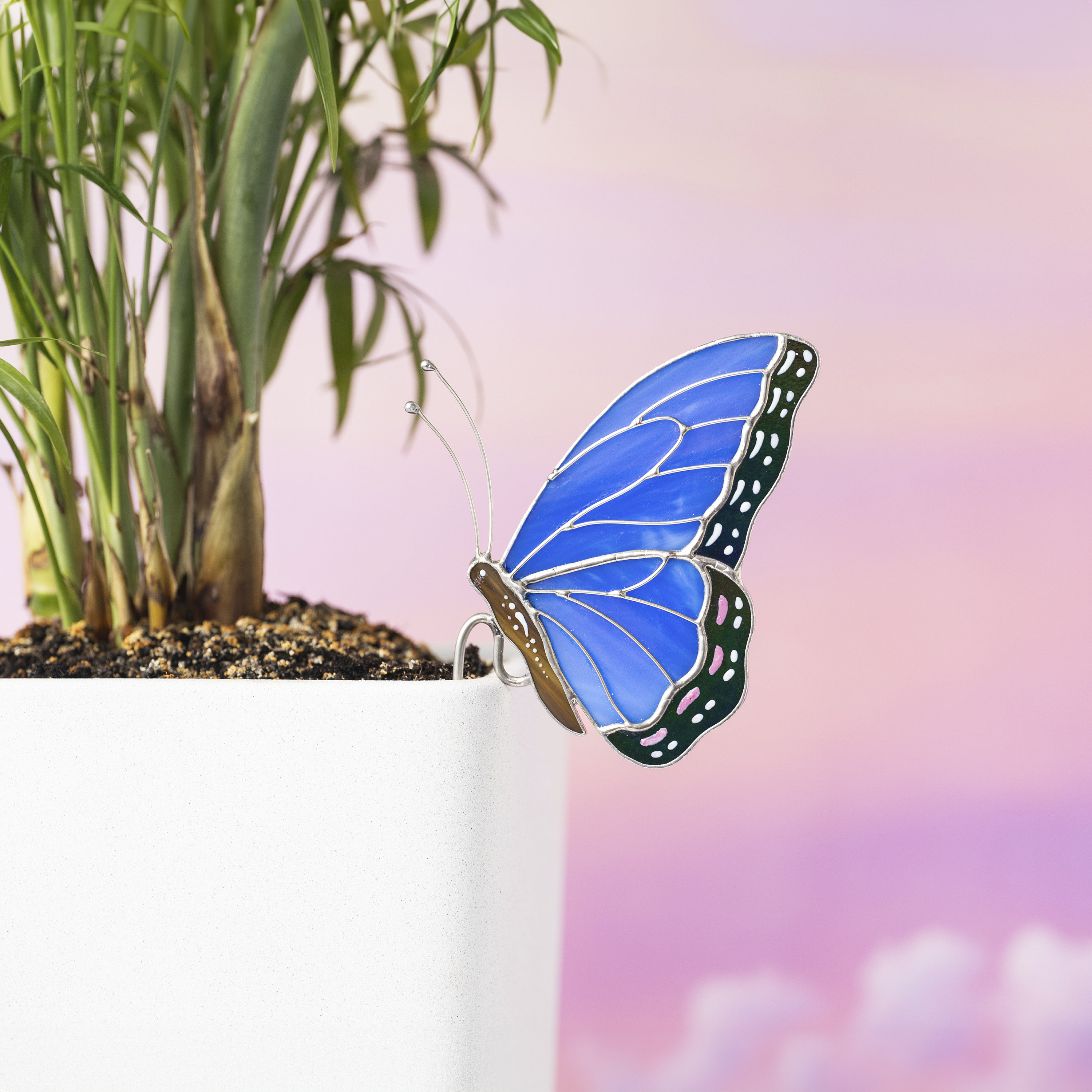 2 Stück Buntglas-Schmetterlinge – Sonnenfänger Für Blumentöpfe, Garten-Deko, Gelb & Blau