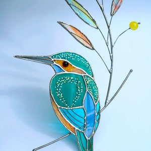 Gebrandschilderd glas Kingfisher glas-in-lood suncatcher voor ramen vogel decor glas-in-lood raam hangende aangepaste glas-in-lood kerstcadeau afbeelding 4