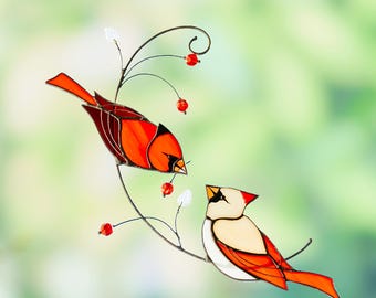 Par de cardenales rojos, atrapasol de vidrio de colores, decoración colgante para ventana, regalo para el Día de la Madre o aniversario