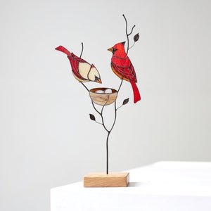 Stained glass red cardinal couple Table decor for living room Stained glass cardinal suncatcher family gift Custom stained glass modern image 2