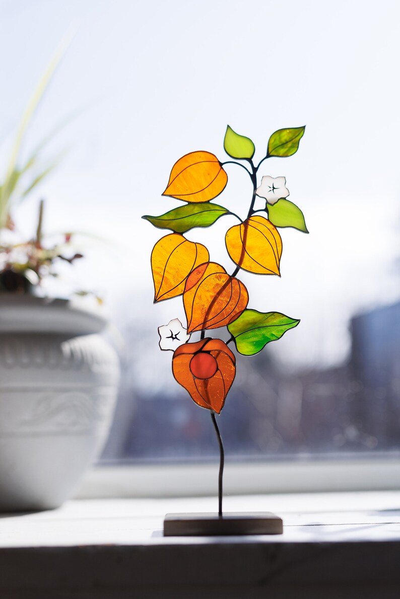 Stained Glass Table Decor Glass Flower Physalis Modern Decor Etsy