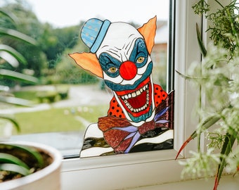 Stained Glass Horror Clown Suncatcher: Spooky Halloween Window Hanging