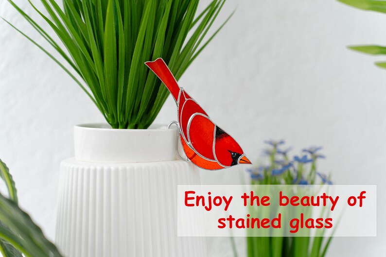 Stained glass Red cardinal planter decor Gift for mom Bird lover gift Mother's Day gift Farmhouse decor image 5