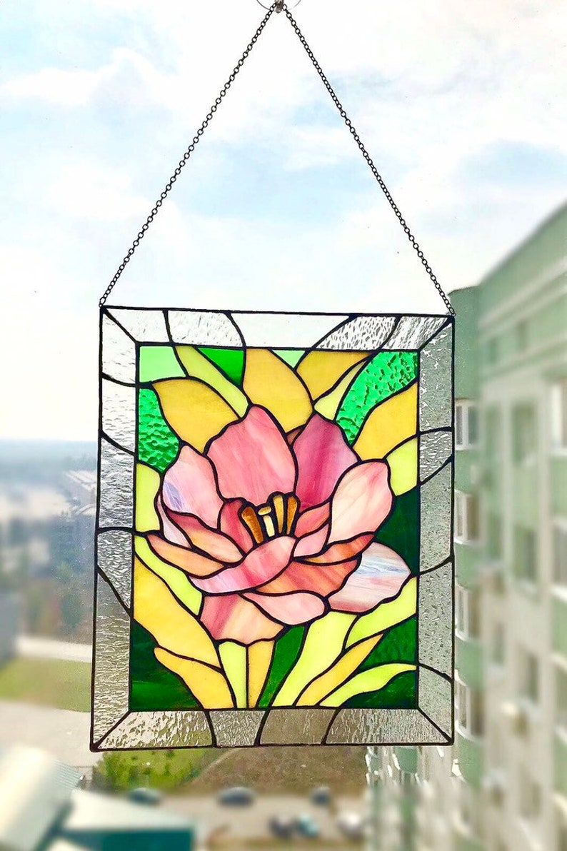 Peony Stained Glass Panel Window Hanging Stained Glass Home Etsy