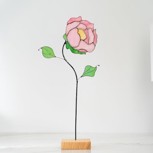Real Stained Glass Pink Peony Flower Handmade Table Decor Suncatcher Gift for Mom