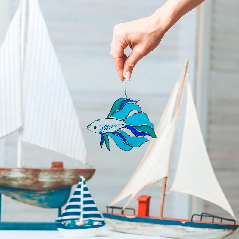 Stained Glass Betta Fish Suncatcher: Siamese Fighting Fish Window Hanging Mother's Day Gift Blue Fish # 3