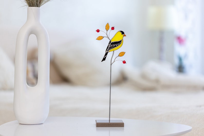 Goldfinch stained glass suncatcher on a stone stand Table decor Modern art Gift for for mother Christmas gift image 3