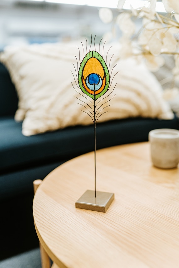 Stained Glass Peacock Feather on a Stone Stand Table Decor for