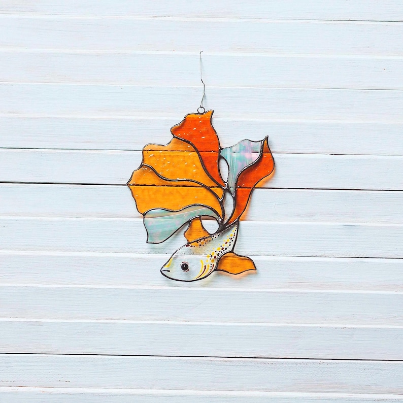 Stained Glass Betta Fish Suncatcher: Siamese Fighting Fish Window Hanging Mother's Day Gift Orange Fish # 2
